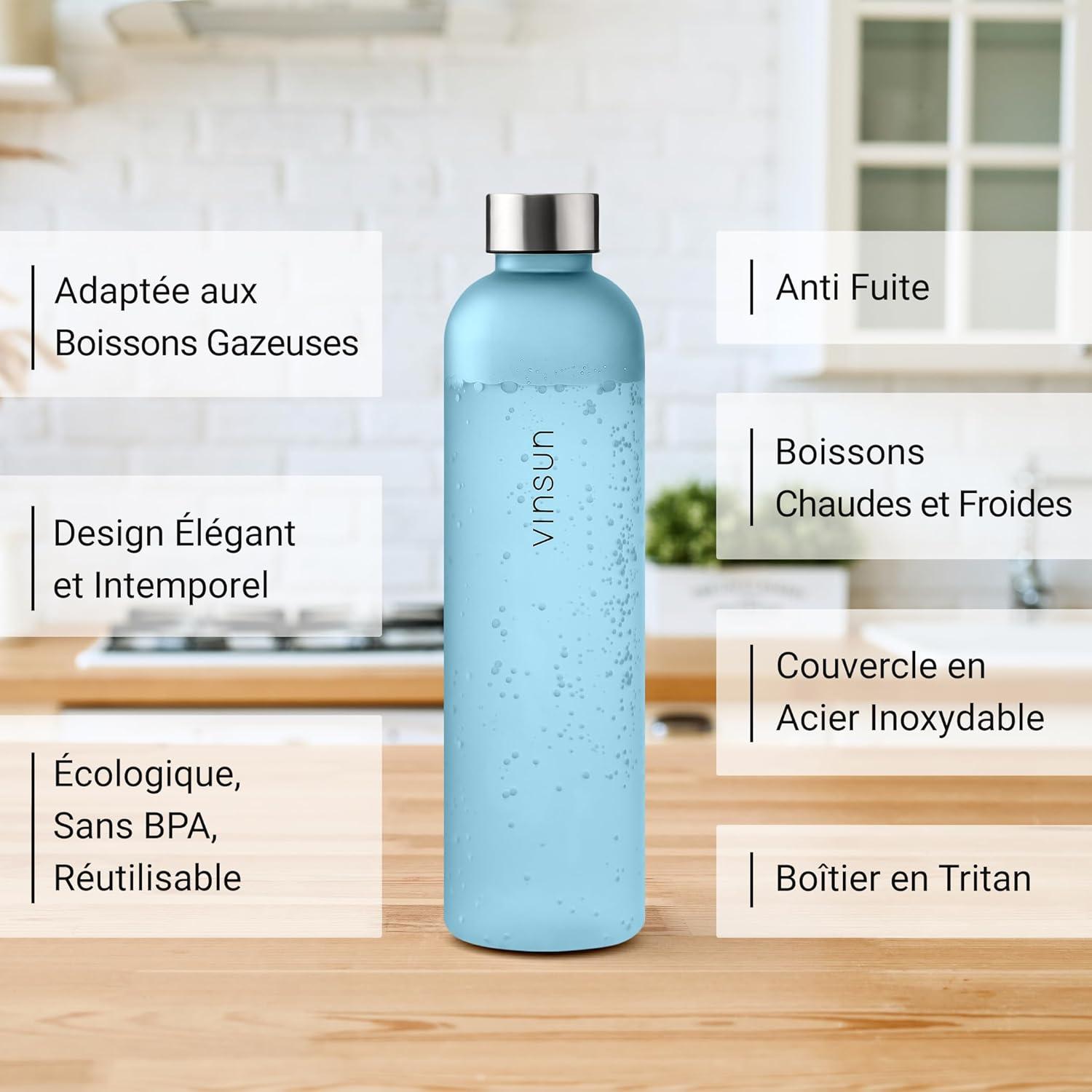 image:imageVINSUN Gourde 1L Bleu Menthe Rutilisable tanche Convient aux Boissons Gazeuses sans BPA Tritan Bouteille dEau lgre pour Sport Vlo TravailBleu