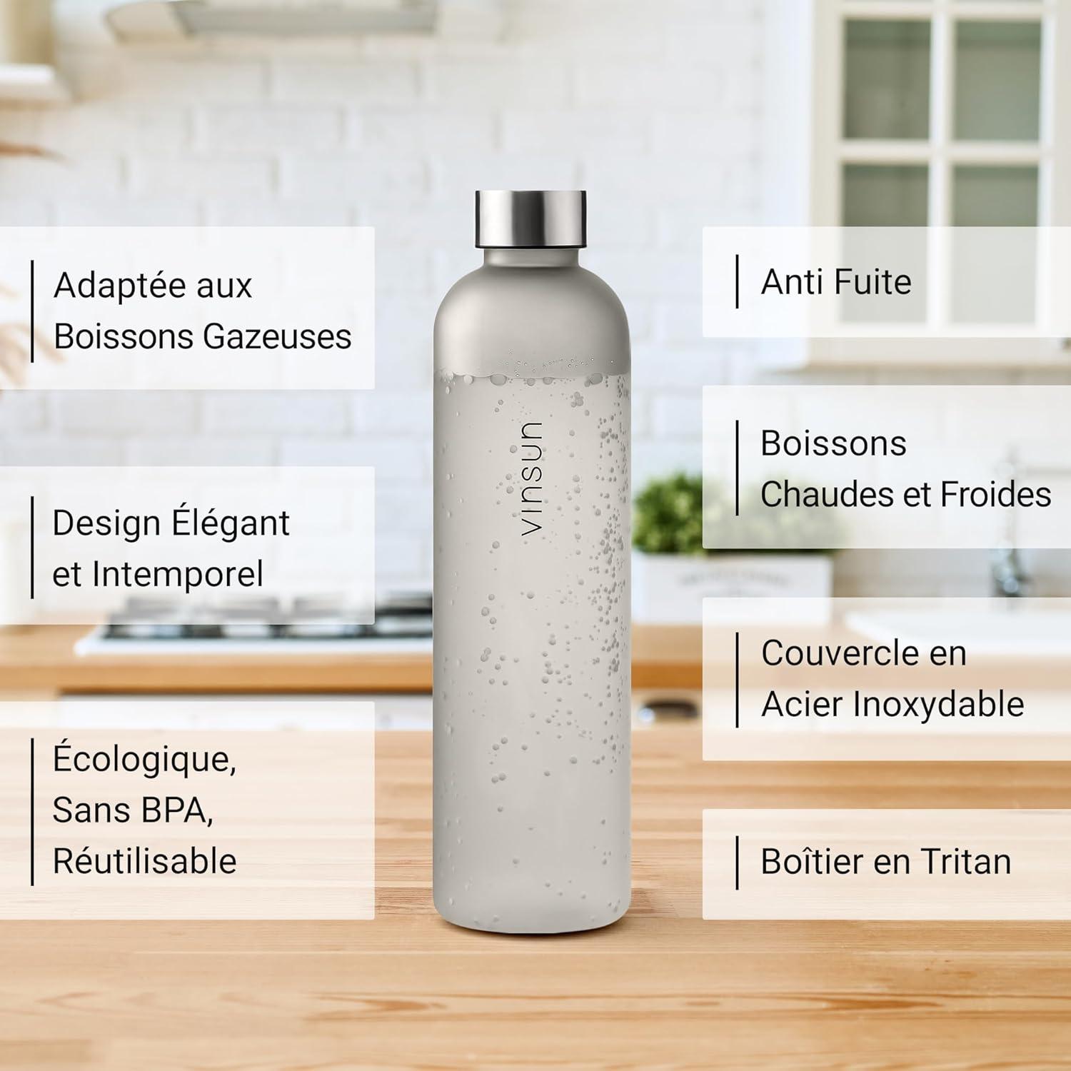 image:imageVINSUN Gourde 1L Bleu Menthe Rutilisable tanche Convient aux Boissons Gazeuses sans BPA Tritan Bouteille dEau lgre pour Sport Vlo TravailGris