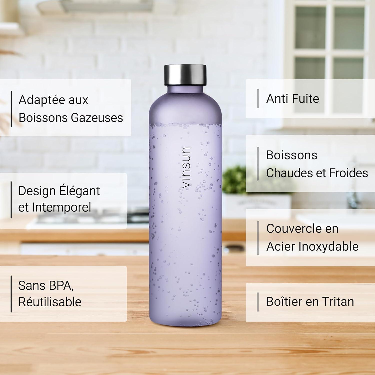 image:imageVINSUN Gourde 1L Bleu Menthe Rutilisable tanche Convient aux Boissons Gazeuses sans BPA Tritan Bouteille dEau lgre pour Sport Vlo TravailLila