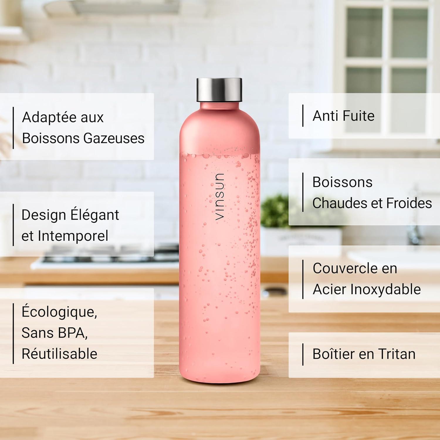 image:imageVINSUN Gourde 1L Bleu Menthe Rutilisable tanche Convient aux Boissons Gazeuses sans BPA Tritan Bouteille dEau lgre pour Sport Vlo TravailRose
