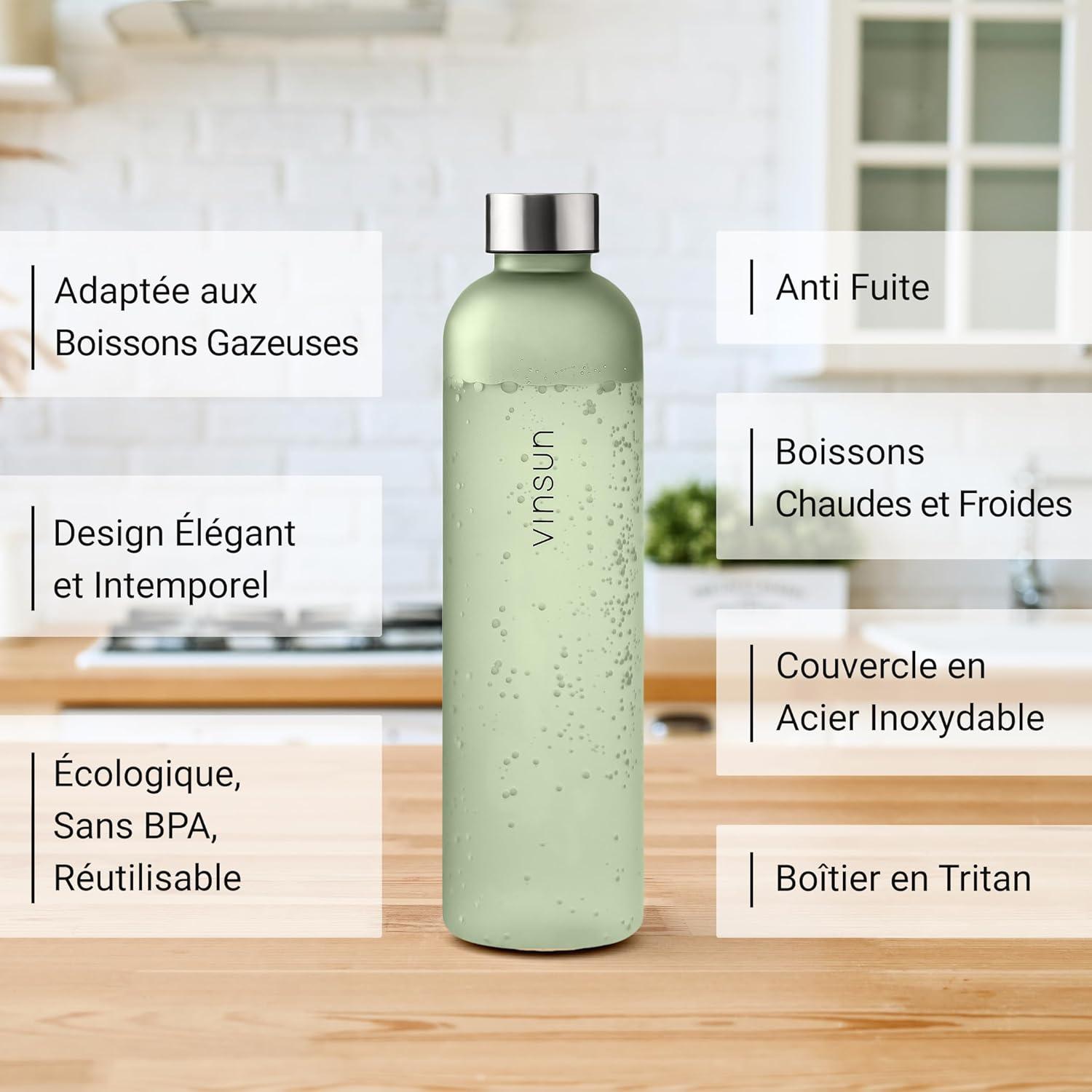 image:imageVINSUN Gourde 1L Bleu Menthe Rutilisable tanche Convient aux Boissons Gazeuses sans BPA Tritan Bouteille dEau lgre pour Sport Vlo TravailVert