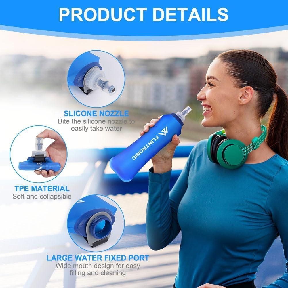 image:imageflintronic 2 PCS Gourde Souple 250 ml85oz TPU Flasque Running Pliable Bouteille deau de Course avec Dragonne et Mousquetons pour Course Pied Randonne Cyclisme Escalade Bleu1 Pcbleu