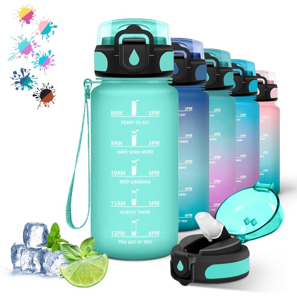 image:imageGourde 500ml Gourde Enfant Bouteille avec Paille AntiFuite Bouteille deau Facile Nettoyer Bouteille Sport pour lcole Bureau Extrieur Voyage RoseCyanVert