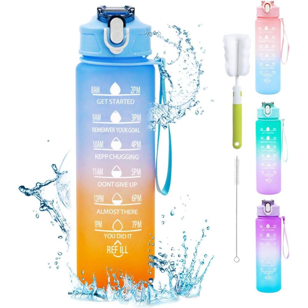 image:imageGourde 750 ml Gourde Sport avec Marqueur de Temps Gourde avec Paille Bouteille deau tanche avec Couvercle Sans BPA Water Bottle pour Sport Gym Bureau Course Pied ViolettesBleu Clair