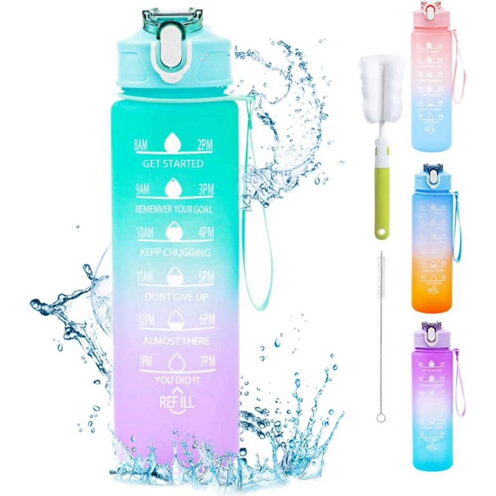 image:imageGourde 750 ml Gourde Sport avec Marqueur de Temps Gourde avec Paille Bouteille deau tanche avec Couvercle Sans BPA Water Bottle pour Sport Gym Bureau Course Pied ViolettesVert Clair