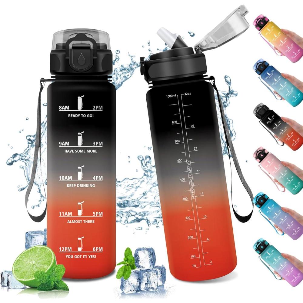image:imageGourde Sport Enfant 500ml Gourde Sport avec Paille Bouteille deau Sport tanche Bouteille Reutilisable Gourde pour 1 Journee Gourde Motivation pour Enfant Adulte Randonne lcole Fitness32oz1000ml  Paille  Noir  Rouge