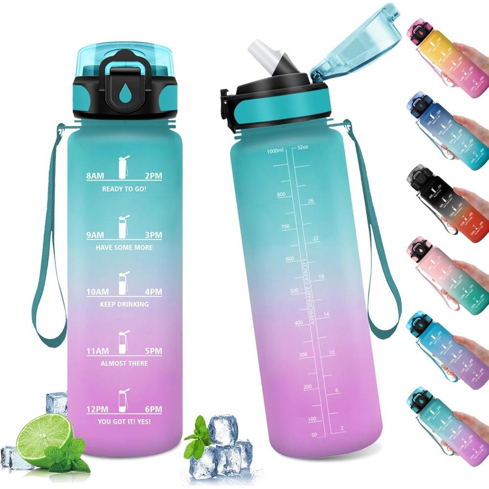 image:imageGourde Sport Enfant 500ml Gourde Sport avec Paille Bouteille deau Sport tanche Bouteille Reutilisable Gourde pour 1 Journee Gourde Motivation pour Enfant Adulte Randonne lcole Fitness32oz1000ml  Paille  Vert  Rose Clair