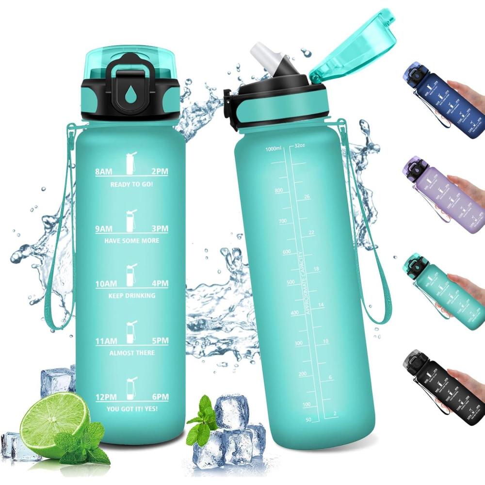 image:imageGourde Sport Enfant 500ml Gourde Sport avec Paille Bouteille deau Sport tanche Bouteille Reutilisable Gourde pour 1 Journee Gourde Motivation pour Enfant Adulte Randonne lcole Fitness32oz1000ml Paille Mat Bleuvert