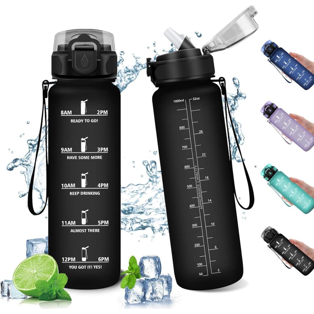 image:imageGourde Sport Enfant 500ml Gourde Sport avec Paille Bouteille deau Sport tanche Bouteille Reutilisable Gourde pour 1 Journee Gourde Motivation pour Enfant Adulte Randonne lcole Fitness32oz1000ml  Paille  Mat Noir