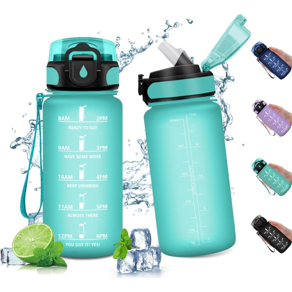 image:imageGourde Sport Enfant 500ml Gourde Sport avec Paille Bouteille deau Sport tanche Bouteille Reutilisable Gourde pour 1 Journee Gourde Motivation pour Enfant Adulte Randonne lcole Fitness17oz500ml  Paille  Mat Bleuvert