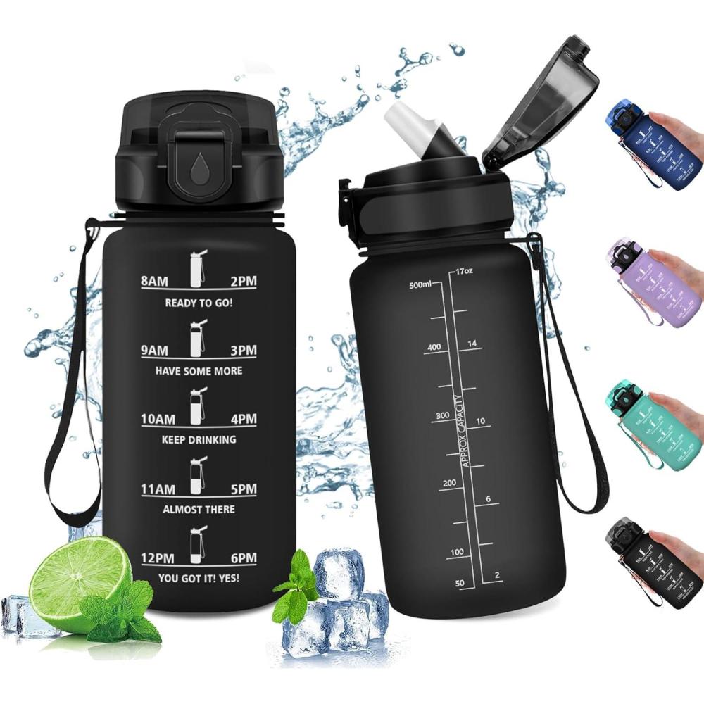 image:imageGourde Sport Enfant 500ml Gourde Sport avec Paille Bouteille deau Sport tanche Bouteille Reutilisable Gourde pour 1 Journee Gourde Motivation pour Enfant Adulte Randonne lcole Fitness17oz500ml  Paille  Mat Noir