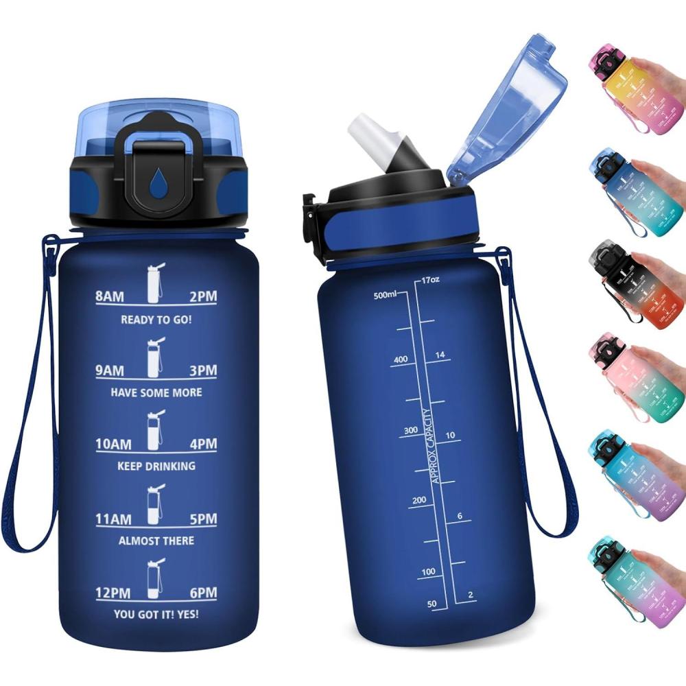 image:imageGourde Sport Enfant 500ml Gourde Sport avec Paille Bouteille deau Sport tanche Bouteille Reutilisable Gourde pour 1 Journee Gourde Motivation pour Enfant Adulte Randonne lcole Fitness17oz500ml Paille Mat Marine Bleu