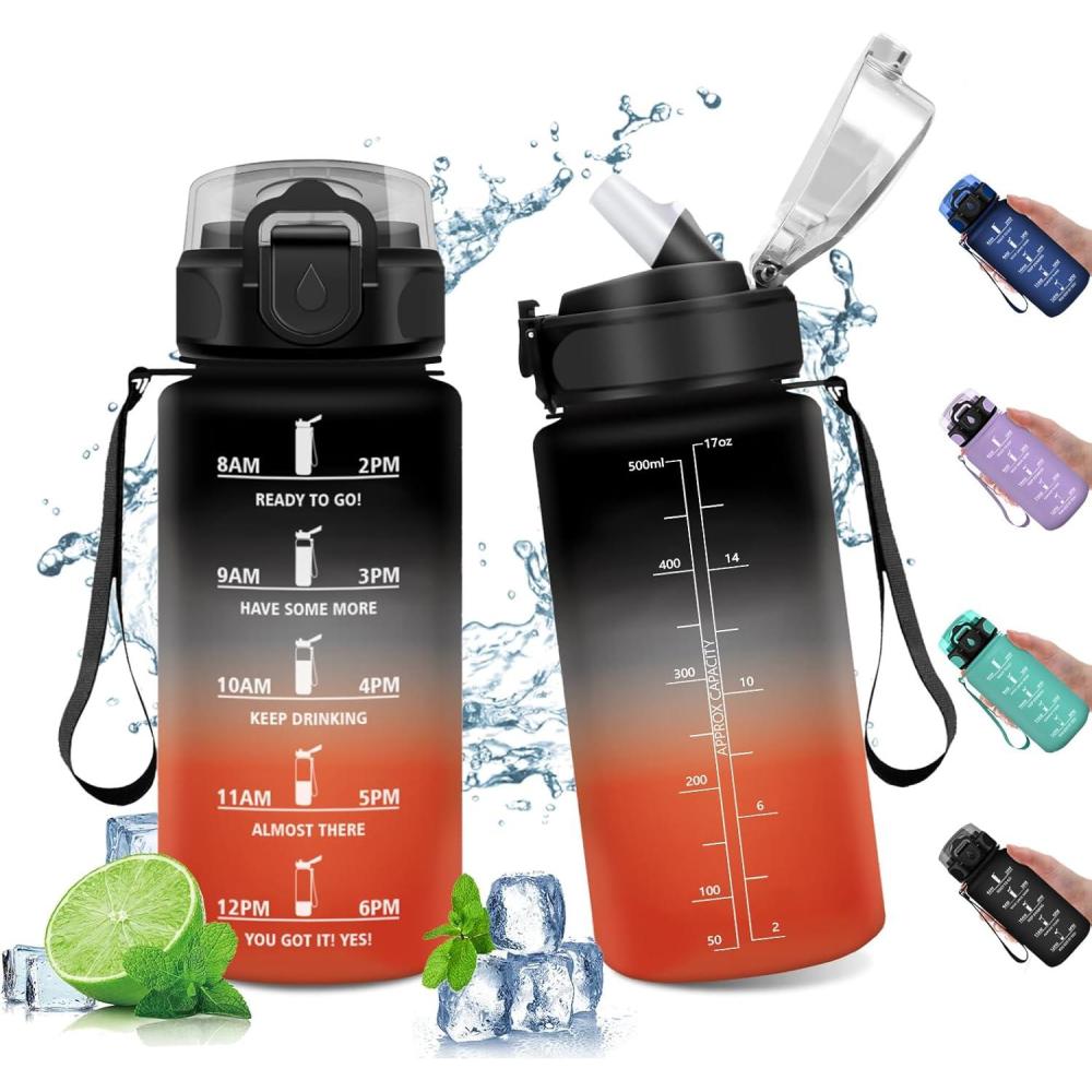 image:imageGourde Sport Enfant 500ml Gourde Sport avec Paille Bouteille deau Sport tanche Bouteille Reutilisable Gourde pour 1 Journee Gourde Motivation pour Enfant Adulte Randonne lcole Fitness17oz500ml  Paille  Noir  Rouge