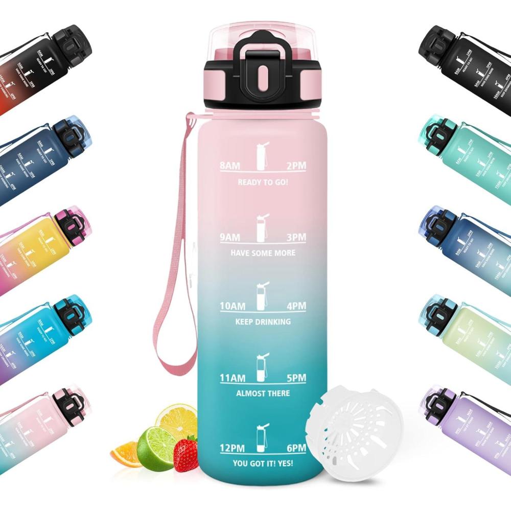 image:imageHoneyHolly Gourde 1L Rutilisable Gourde Sport Marqueur Horaire Bouteille Eau tanche Portable Water Bottle pour Salle de Sport Vlo Bureau Extrieur coleRose Cyan 1000ml