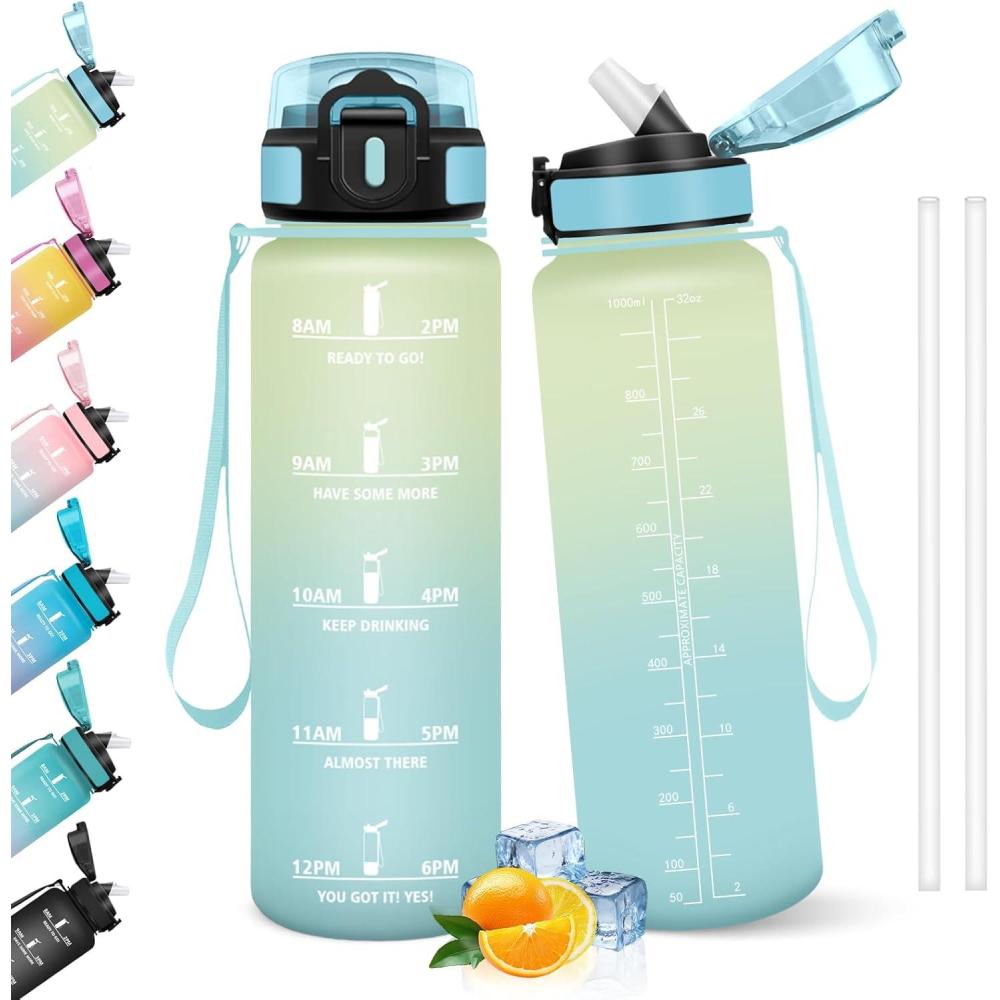 image:imageHoneyHolly Gourde 1l tanches Gourde Paille sans BPA ampamp Rutilisable Bouteille Motivation Bouteille deau Avec Marqueur de Temps Water Bottle pour Gym Ecole Cyclisme Plein air SportGivre  Ciel  1000 Ml