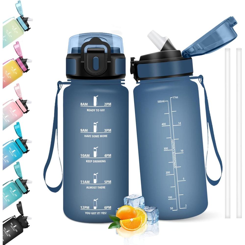 image:imageHoneyHolly Gourde 1l tanches Gourde Paille sans BPA ampamp Rutilisable Bouteille Motivation Bouteille deau Avec Marqueur de Temps Water Bottle pour Gym Ecole Cyclisme Plein air SportBleu Marine  500 Ml