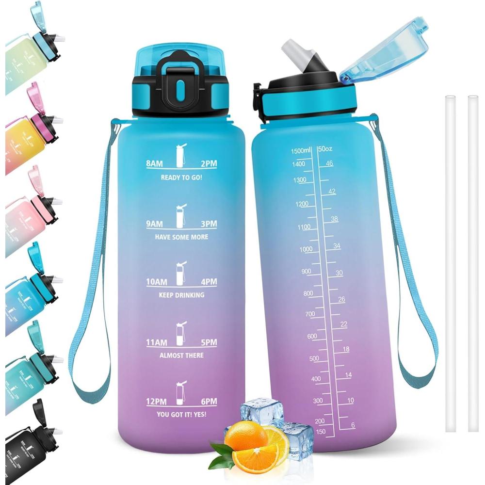 image:imageHoneyHolly Gourde 1l tanches Gourde Paille sans BPA ampamp Rutilisable Bouteille Motivation Bouteille deau Avec Marqueur de Temps Water Bottle pour Gym Ecole Cyclisme Plein air SportBleu Violet 1500 Ml