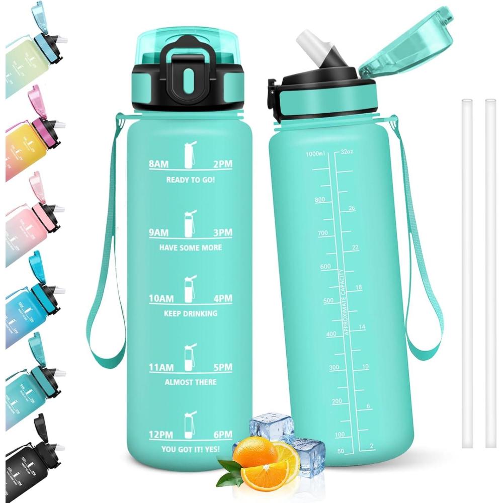 image:imageHoneyHolly Gourde 1l tanches Gourde Paille sans BPA ampamp Rutilisable Bouteille Motivation Bouteille deau Avec Marqueur de Temps Water Bottle pour Gym Ecole Cyclisme Plein air SportBleu Vert 1000 Ml