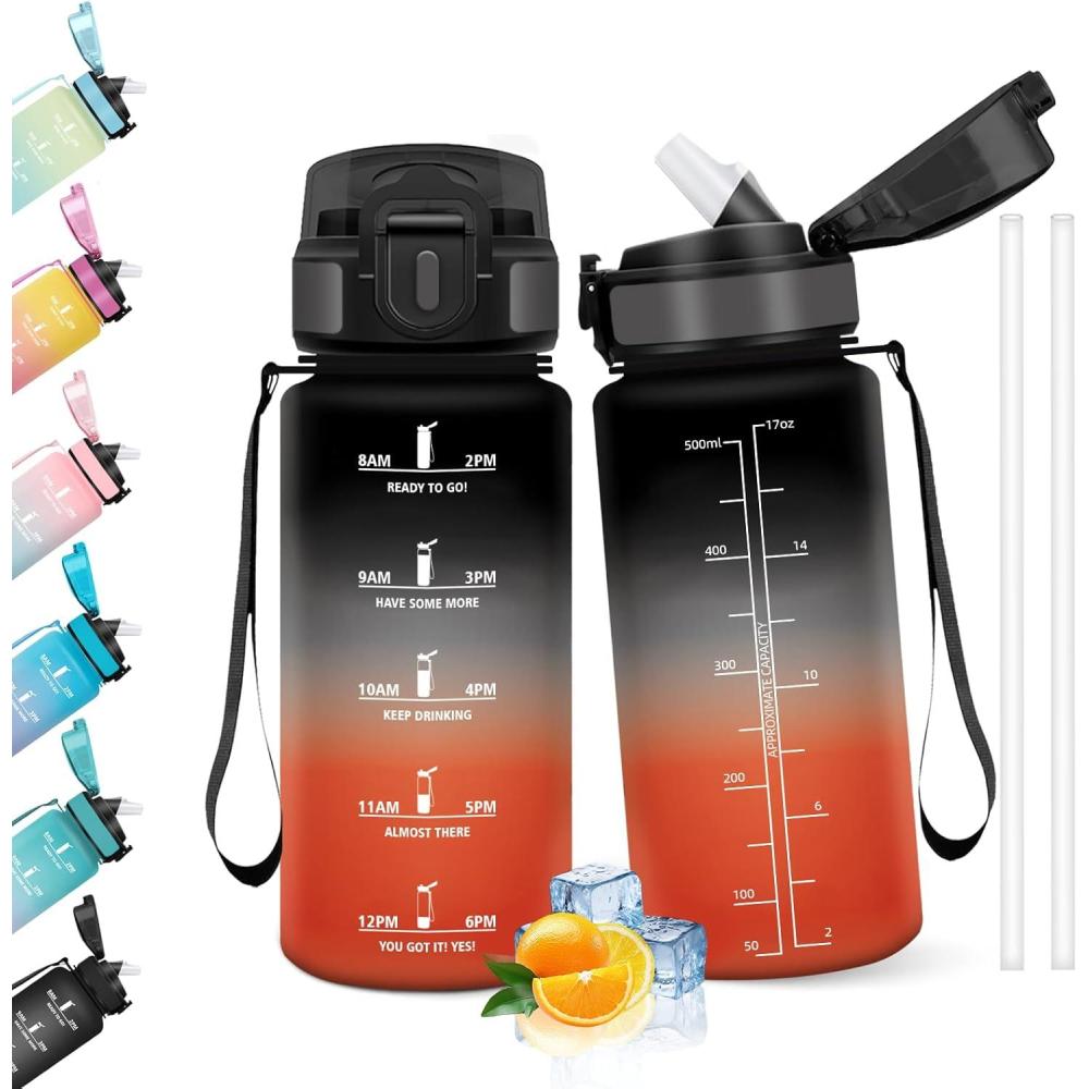image:imageHoneyHolly Gourde 1l tanches Gourde Paille sans BPA ampamp Rutilisable Bouteille Motivation Bouteille deau Avec Marqueur de Temps Water Bottle pour Gym Ecole Cyclisme Plein air SportNoir  Rouge  500 Ml