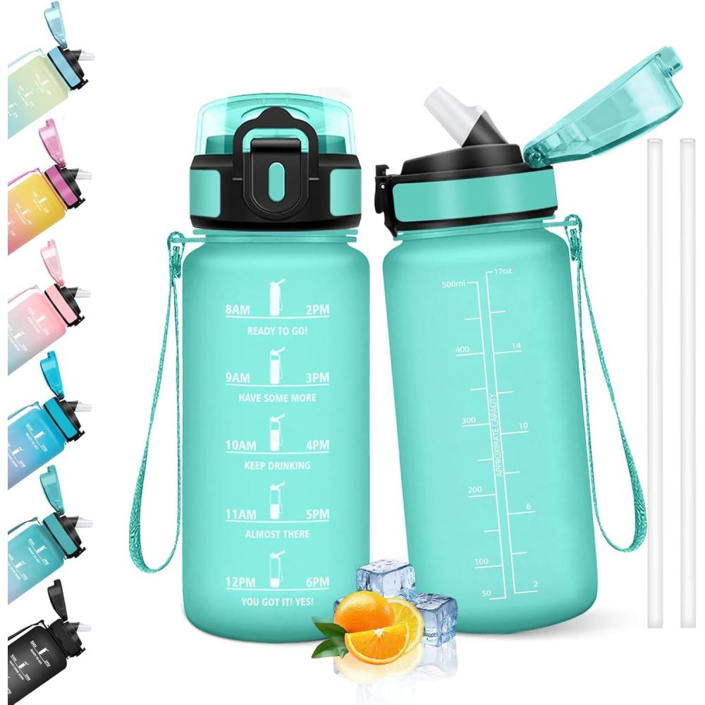 image:imageHoneyHolly Gourde 1l tanches Gourde Paille sans BPA ampamp Rutilisable Bouteille Motivation Bouteille deau Avec Marqueur de Temps Water Bottle pour Gym Ecole Cyclisme Plein air SportBleu Vert 500 Ml
