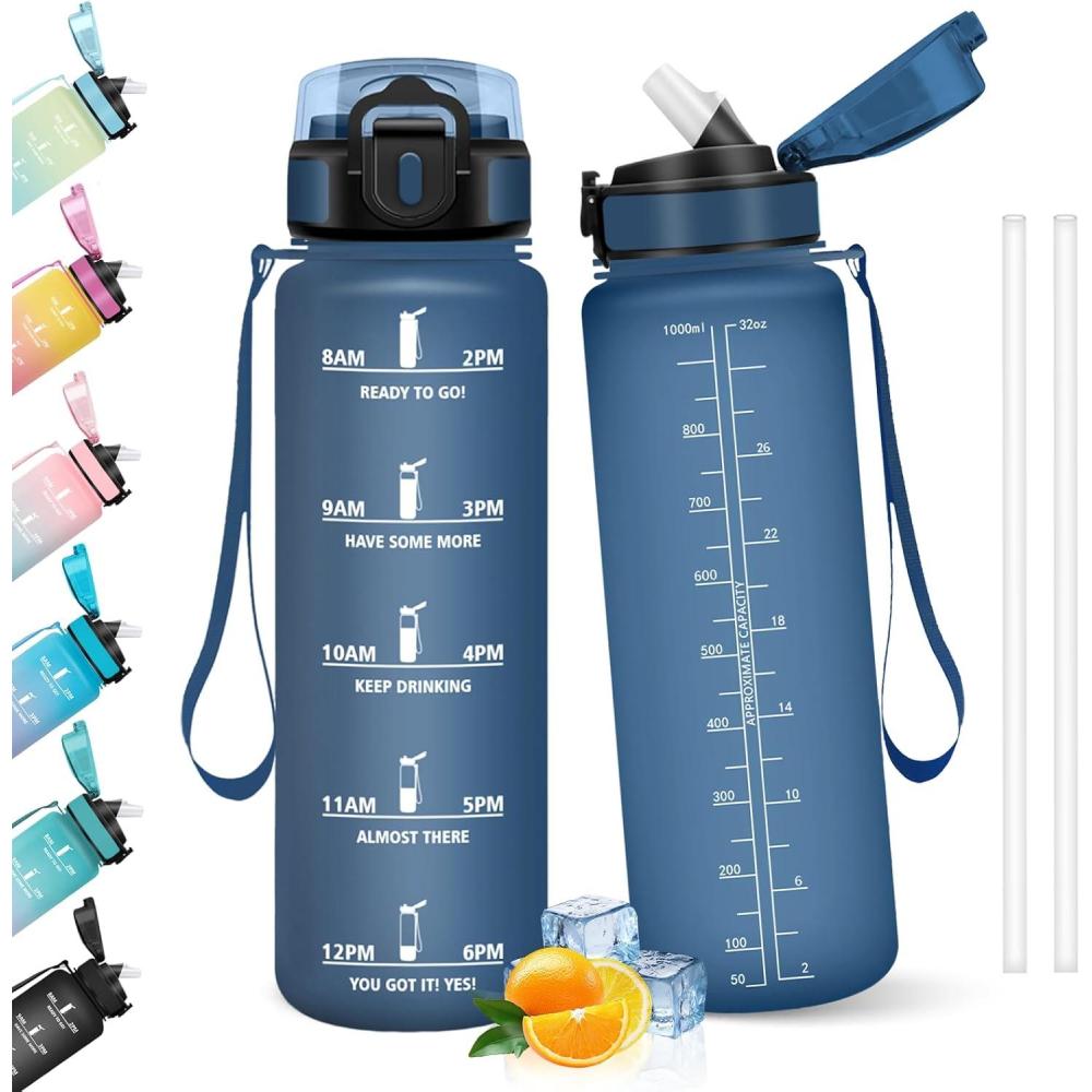image:imageHoneyHolly Gourde 1l tanches Gourde Paille sans BPA ampamp Rutilisable Bouteille Motivation Bouteille deau Avec Marqueur de Temps Water Bottle pour Gym Ecole Cyclisme Plein air SportBleu Marine 1000 Ml
