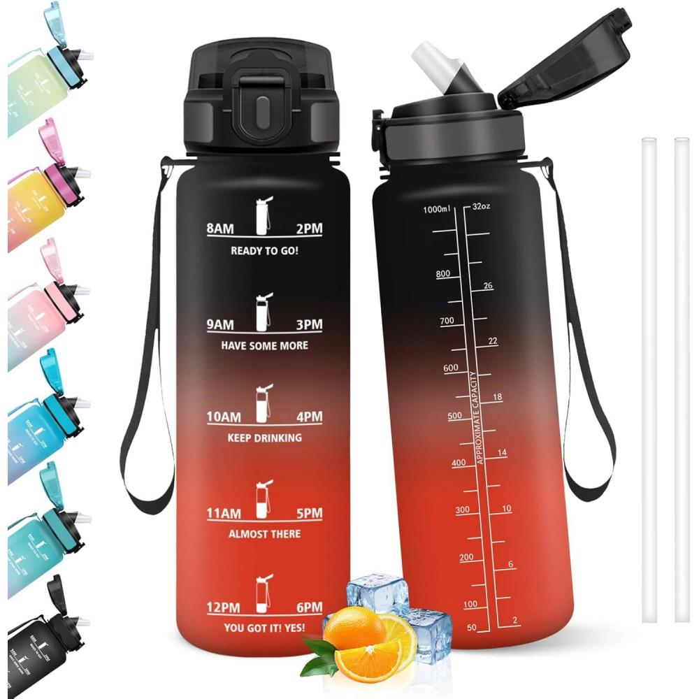 image:imageHoneyHolly Gourde 1l tanches Gourde Paille sans BPA ampamp Rutilisable Bouteille Motivation Bouteille deau Avec Marqueur de Temps Water Bottle pour Gym Ecole Cyclisme Plein air SportNoir Rouge 1000 Ml