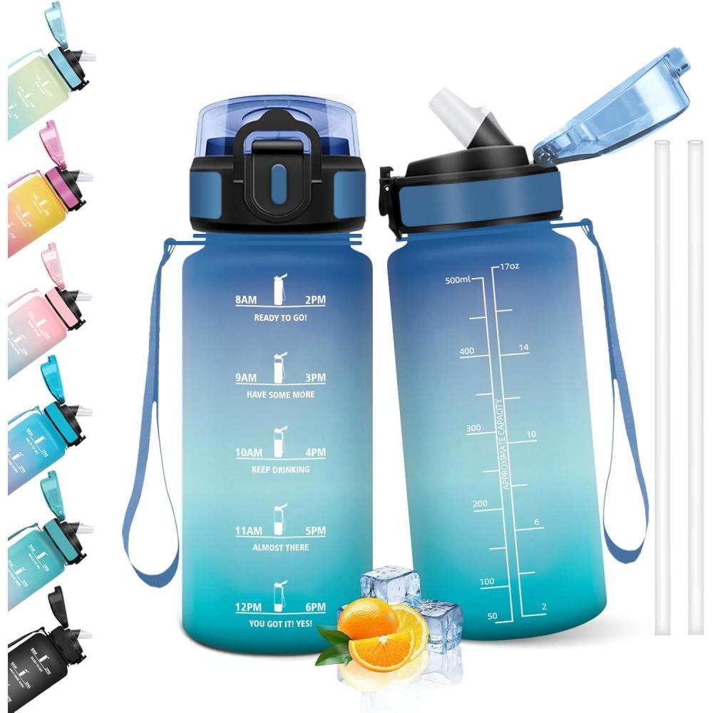image:imageHoneyHolly Gourde 1l tanches Gourde Paille sans BPA ampamp Rutilisable Bouteille Motivation Bouteille deau Avec Marqueur de Temps Water Bottle pour Gym Ecole Cyclisme Plein air SportBleu Green 500 Ml