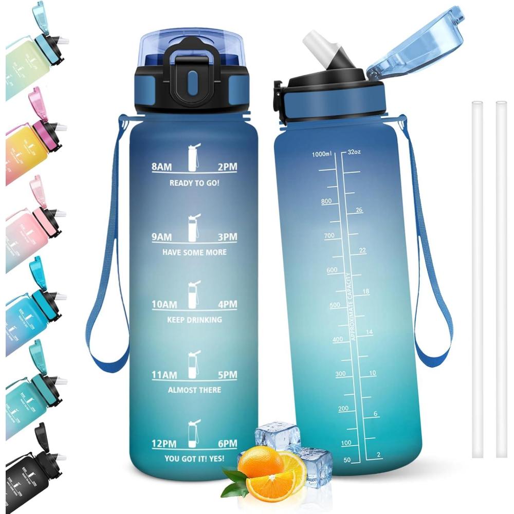 image:imageHoneyHolly Gourde 1l tanches Gourde Paille sans BPA ampamp Rutilisable Bouteille Motivation Bouteille deau Avec Marqueur de Temps Water Bottle pour Gym Ecole Cyclisme Plein air SportBleu Green 1000 Ml