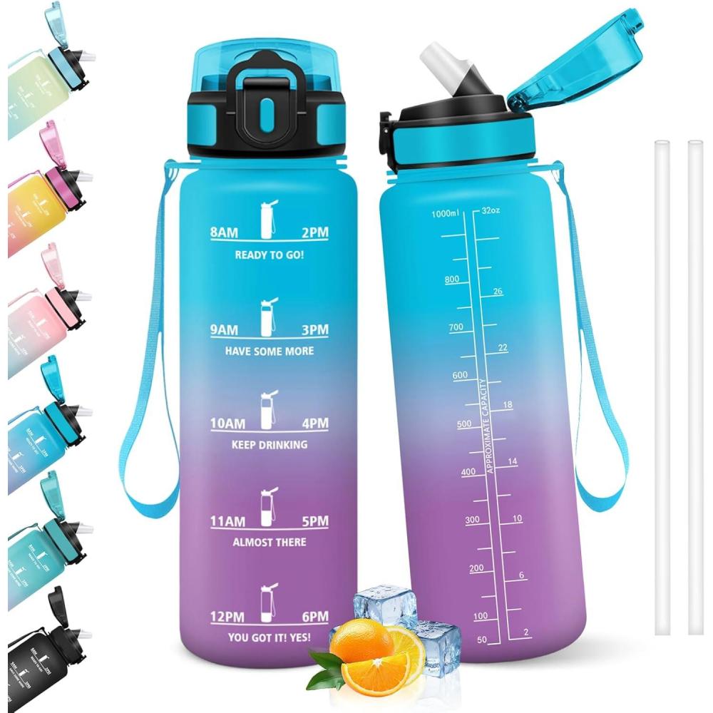 image:imageHoneyHolly Gourde 1l tanches Gourde Paille sans BPA ampamp Rutilisable Bouteille Motivation Bouteille deau Avec Marqueur de Temps Water Bottle pour Gym Ecole Cyclisme Plein air SportBleu Violet 1000 Ml