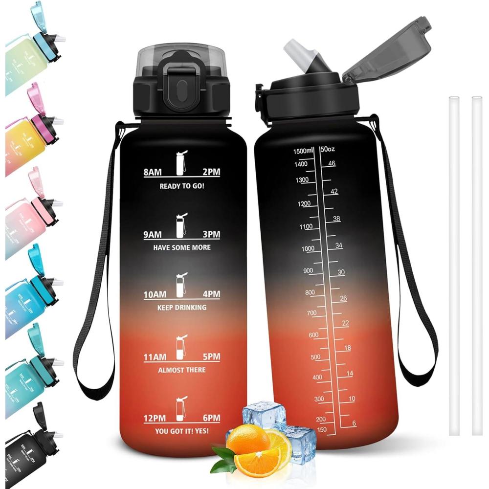 image:imageHoneyHolly Gourde 1l tanches Gourde Paille sans BPA ampamp Rutilisable Bouteille Motivation Bouteille deau Avec Marqueur de Temps Water Bottle pour Gym Ecole Cyclisme Plein air SportNoir Rouge 1500 Ml