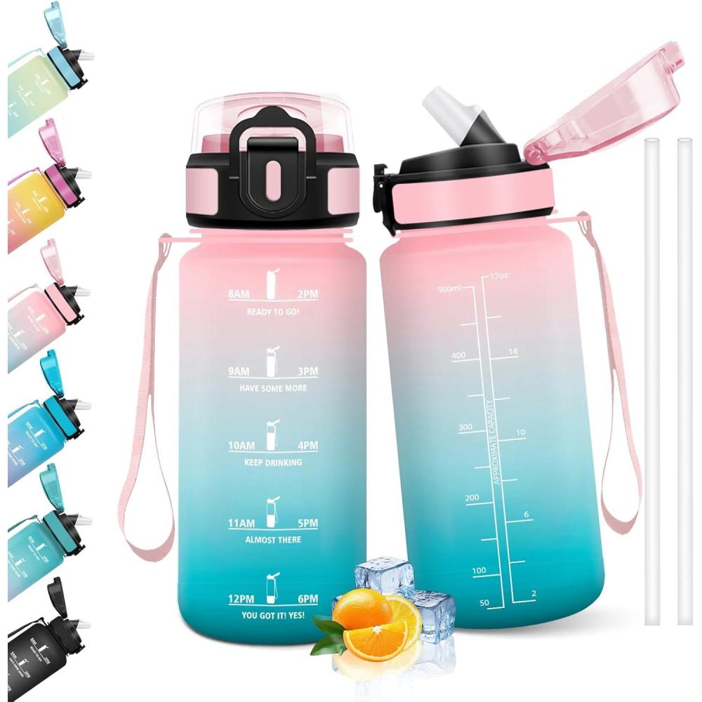 image:imageHoneyHolly Gourde 1l tanches Gourde Paille sans BPA ampamp Rutilisable Bouteille Motivation Bouteille deau Avec Marqueur de Temps Water Bottle pour Gym Ecole Cyclisme Plein air SportRose Cyan 500 Ml