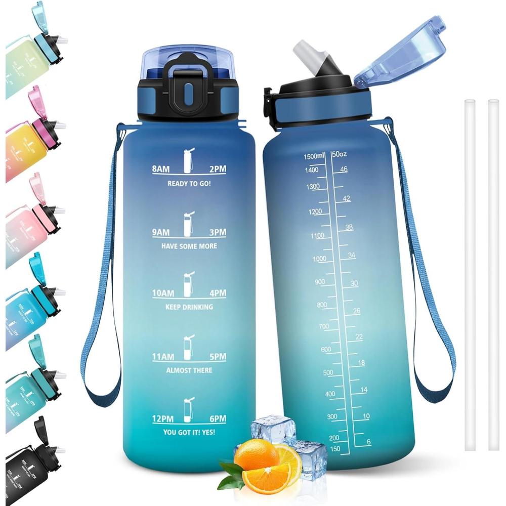 image:imageHoneyHolly Gourde 1l tanches Gourde Paille sans BPA ampamp Rutilisable Bouteille Motivation Bouteille deau Avec Marqueur de Temps Water Bottle pour Gym Ecole Cyclisme Plein air SportBleu Vert 1500 Ml