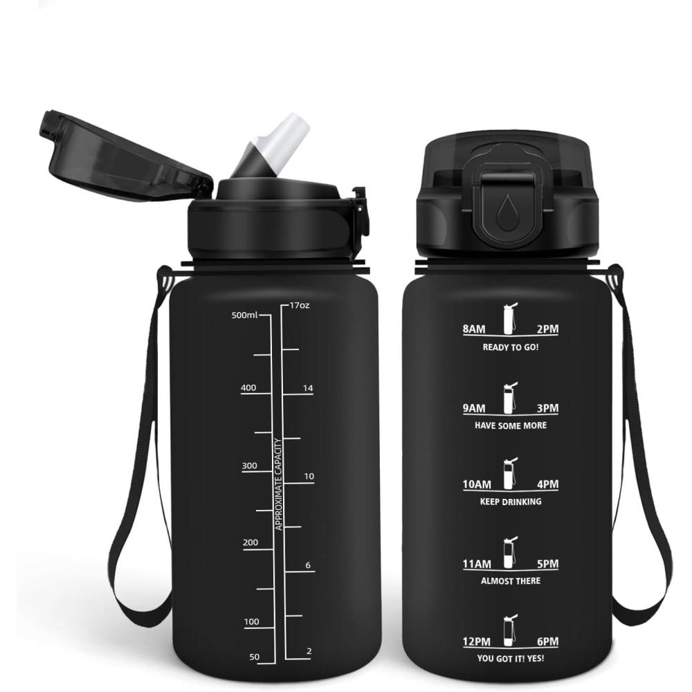 image:imageHoneyHolly Gourde Paille 500ml sans BPA ampamp tanches Bouteille Motivation Bouteille deau Avec Marqueur de Temps Petite Gourde pour Gym Ecole Cyclisme Plein Air SportNoir 0 5 L