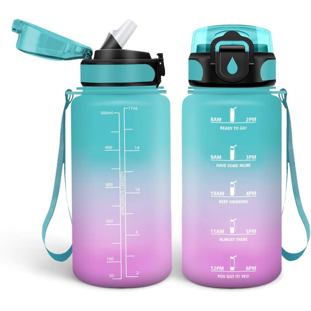 image:imageHoneyHolly Gourde Paille 500ml sans BPA ampamp tanches Bouteille Motivation Bouteille deau Avec Marqueur de Temps Petite Gourde pour Gym Ecole Cyclisme Plein Air SportVertpoudre 0 5 L