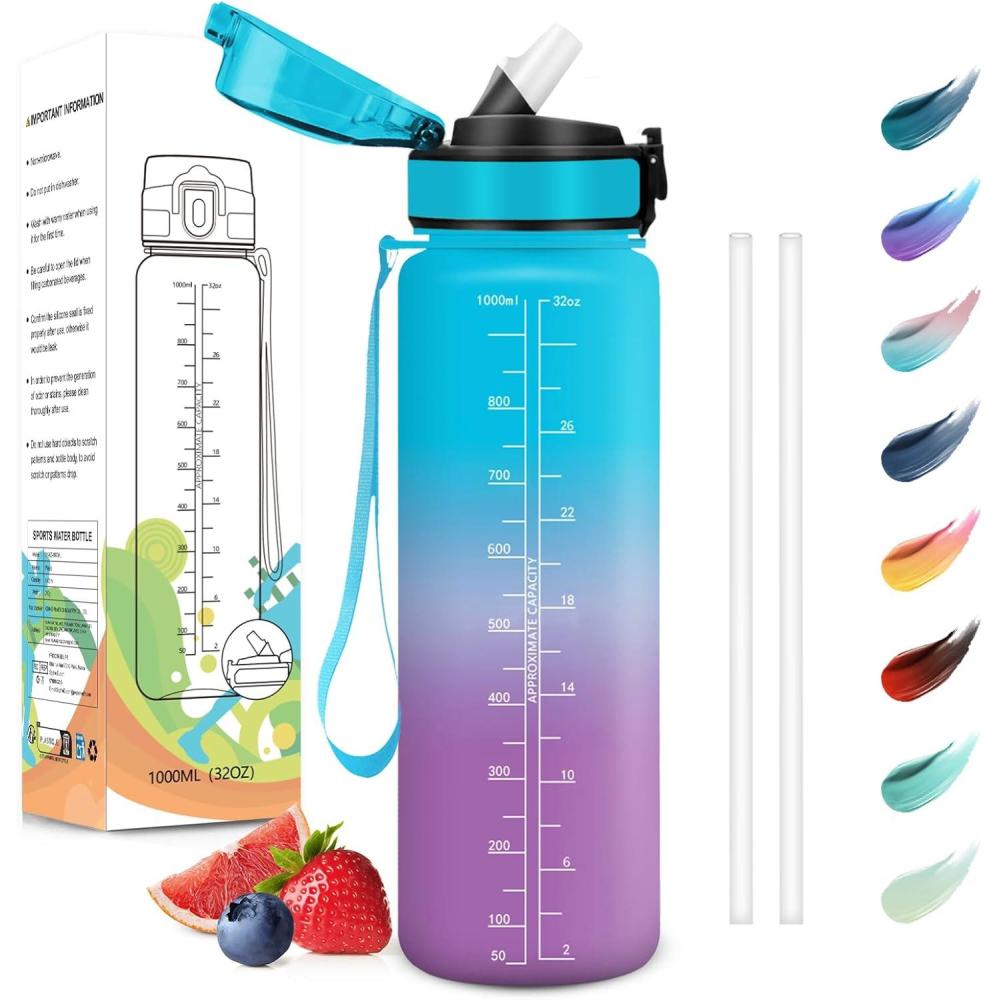 image:imageMotswedi Gourde Sport 1000ml AntiFuite Gourde avec Paille sans BPA Gourde Paille Rutilisable Gourde Facile Transporter Bouteille deau pour Yoga Camping Cyclisme Fitness Jaune RoseBleu Violet