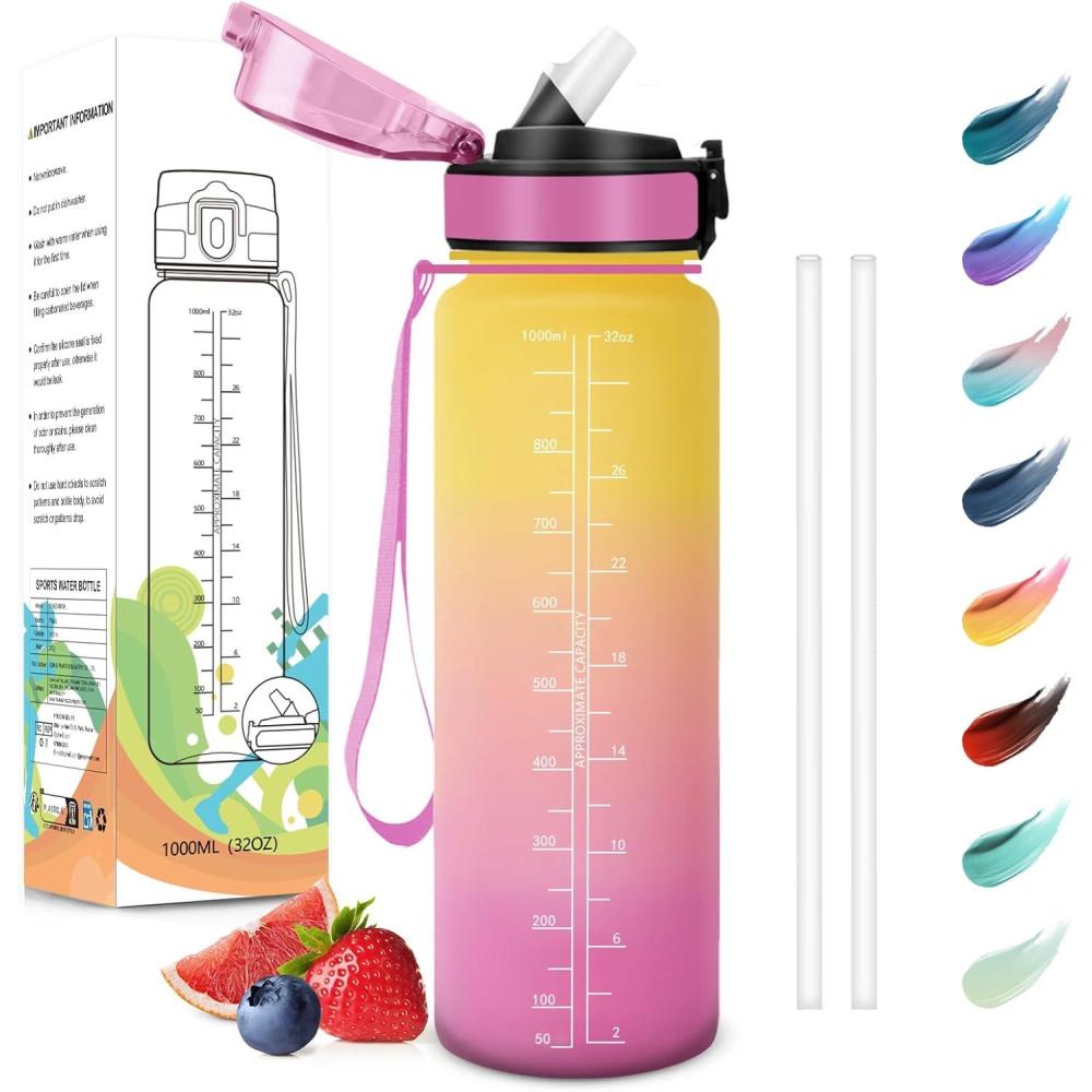image:imageMotswedi Gourde Sport 1000ml AntiFuite Gourde avec Paille sans BPA Gourde Paille Rutilisable Gourde Facile Transporter Bouteille deau pour Yoga Camping Cyclisme Fitness Jaune RoseJaune Rose