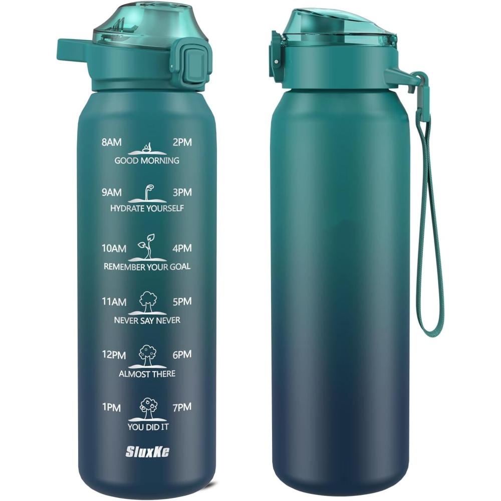 image:imageSLUXKE Gourde Inox 1L avec Marquage De Temps 1000ml Gourde en 1810 Acier Inoxydable avec Handle Rutilisables tanche sans BPA pour Adulte Sport Gym Voyage Bleu BleuBleu Bleu