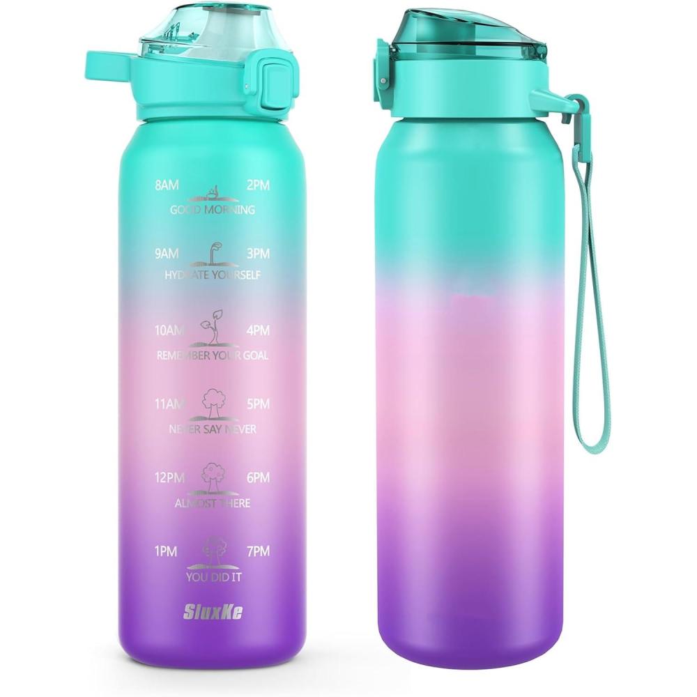 image:imageSLUXKE Gourde Inox 1L avec Marquage De Temps 1000ml Gourde en 1810 Acier Inoxydable avec Handle Rutilisables tanche sans BPA pour Adulte Sport Gym Voyage Bleu BleuVert Rose Violet