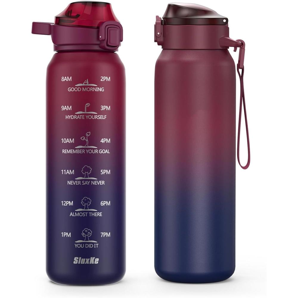 image:imageSLUXKE Gourde Inox 1L avec Marquage De Temps 1000ml Gourde en 1810 Acier Inoxydable avec Handle Rutilisables tanche sans BPA pour Adulte Sport Gym Voyage Bleu BleuRouge Noir