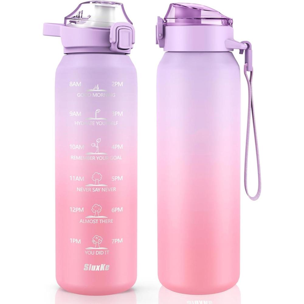 image:imageSLUXKE Gourde Inox 1L avec Marquage De Temps 1000ml Gourde en 1810 Acier Inoxydable avec Handle Rutilisables tanche sans BPA pour Adulte Sport Gym Voyage Bleu BleuViolet Rose