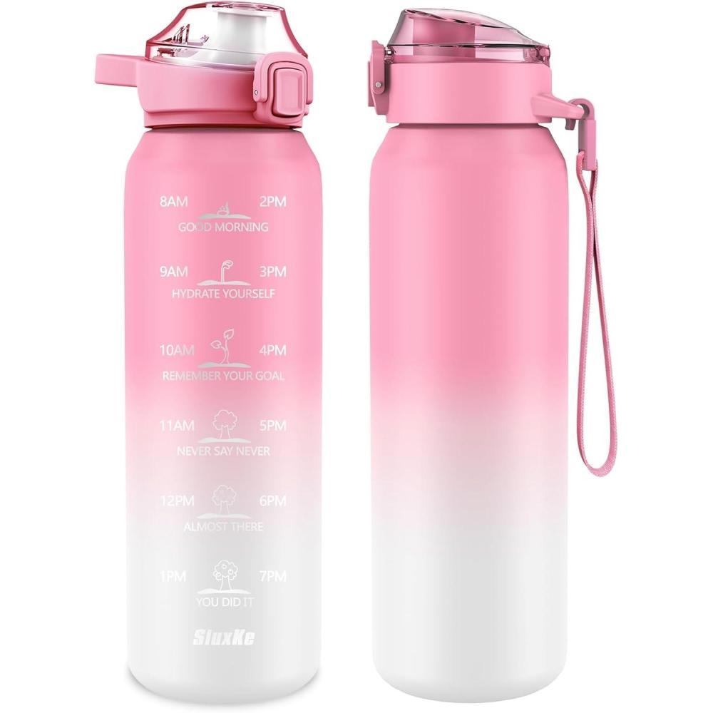 image:imageSLUXKE Gourde Inox 1L avec Marquage De Temps 1000ml Gourde en 1810 Acier Inoxydable avec Handle Rutilisables tanche sans BPA pour Adulte Sport Gym Voyage Bleu BleuBlanc Rose