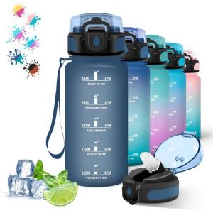 Gourde, 500ml Gourde Enfant, Bouteille avec Paille Anti-Fuite, Bouteille d&rsquo;eau, Facile à Nettoyer, Bouteille Sport pour l&rsquo;École, Bureau, Extérieur, Voyage, Rose-Cyan(Bleu Marine)