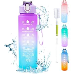 Gourde 750 ml, Gourde Sport avec Marqueur de Temps, Gourde avec Paille, Bouteille d&rsquo;eau étanche avec Couvercle Sans BPA, Water Bottle pour Sport, Gym, Bureau, Course à Pied (Violettes)(Violettes)
