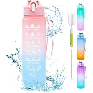 Gourde 750 ml, Gourde Sport avec Marqueur de Temps, Gourde avec Paille, Bouteille d&rsquo;eau étanche avec Couvercle Sans BPA, Water Bottle pour Sport, Gym, Bureau, Course à Pied (Violettes)(Rose)