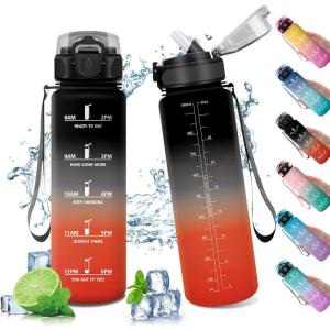 Gourde Sport Enfant 500ml, Gourde Sport avec Paille, Bouteille d&rsquo;eau Sport Étanche, Bouteille Reutilisable, Gourde pour 1 Journee, Gourde Motivation pour Enfant, Adulte, Randonnée, l&rsquo;école, Fitness(32oz-1000ml | Paille | Noir + Rouge)