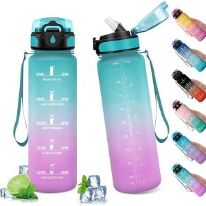 Gourde Sport Enfant 500ml, Gourde Sport avec Paille, Bouteille d&rsquo;eau Sport Étanche, Bouteille Reutilisable, Gourde pour 1 Journee, Gourde Motivation pour Enfant, Adulte, Randonnée, l&rsquo;école, Fitness(32oz-1000ml | Paille | Vert + Rose Clair)