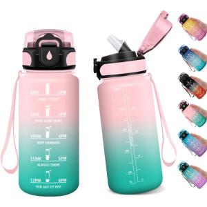 Gourde Sport Enfant 500ml, Gourde Sport avec Paille, Bouteille d&rsquo;eau Sport Étanche, Bouteille Reutilisable, Gourde pour 1 Journee, Gourde Motivation pour Enfant, Adulte, Randonnée, l&rsquo;école, Fitness(17oz-500ml | Paille | Rose + Cyan)