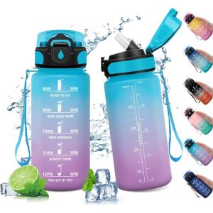 Gourde Sport Enfant 500ml, Gourde Sport avec Paille, Bouteille d&rsquo;eau Sport Étanche, Bouteille Reutilisable, Gourde pour 1 Journee, Gourde Motivation pour Enfant, Adulte, Randonnée, l&rsquo;école, Fitness(17oz-500ml | Paille | Bleu + Lilas)