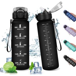 Gourde Sport Enfant 500ml, Gourde Sport avec Paille, Bouteille d&rsquo;eau Sport Étanche, Bouteille Reutilisable, Gourde pour 1 Journee, Gourde Motivation pour Enfant, Adulte, Randonnée, l&rsquo;école, Fitness(32oz-1000ml | Paille | Mat Noir)