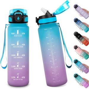 Gourde Sport Enfant 500ml, Gourde Sport avec Paille, Bouteille d&rsquo;eau Sport Étanche, Bouteille Reutilisable, Gourde pour 1 Journee, Gourde Motivation pour Enfant, Adulte, Randonnée, l&rsquo;école, Fitness(32oz-1000ml | Paille | Bleu + Lilas)